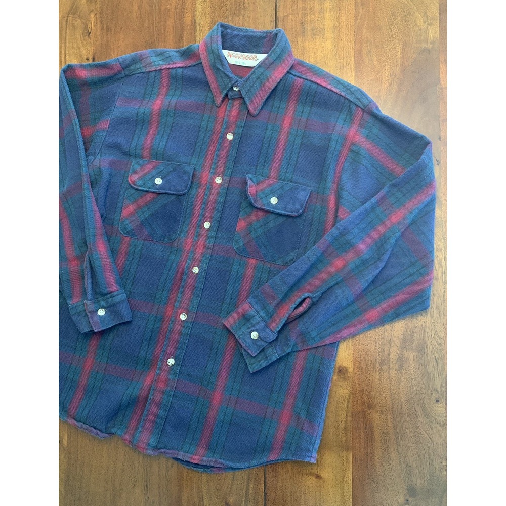 Vintage McGregor Plaid Flannel Shirt L Button Up Union Made in USA Green Blue